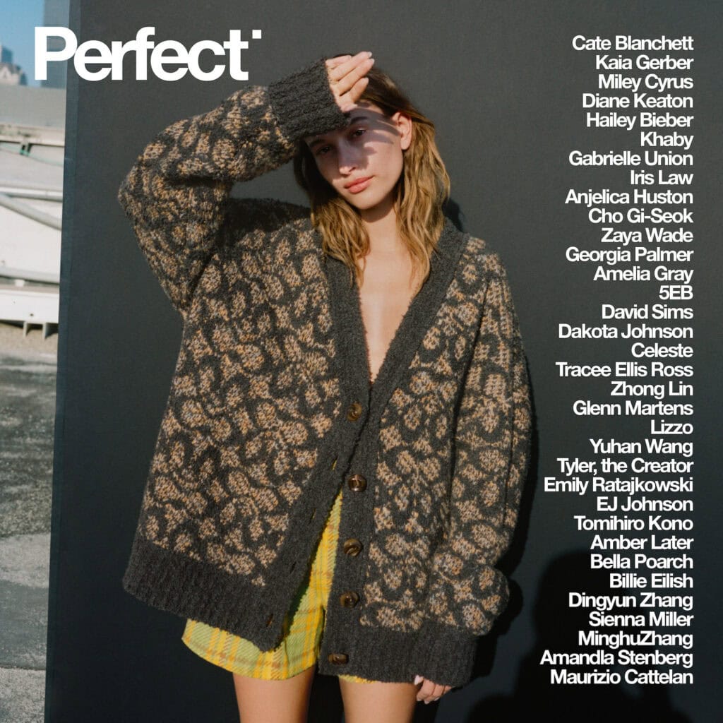 Hailey Bieber in oversized patterned cardigan for Perfect Magazine shoot.