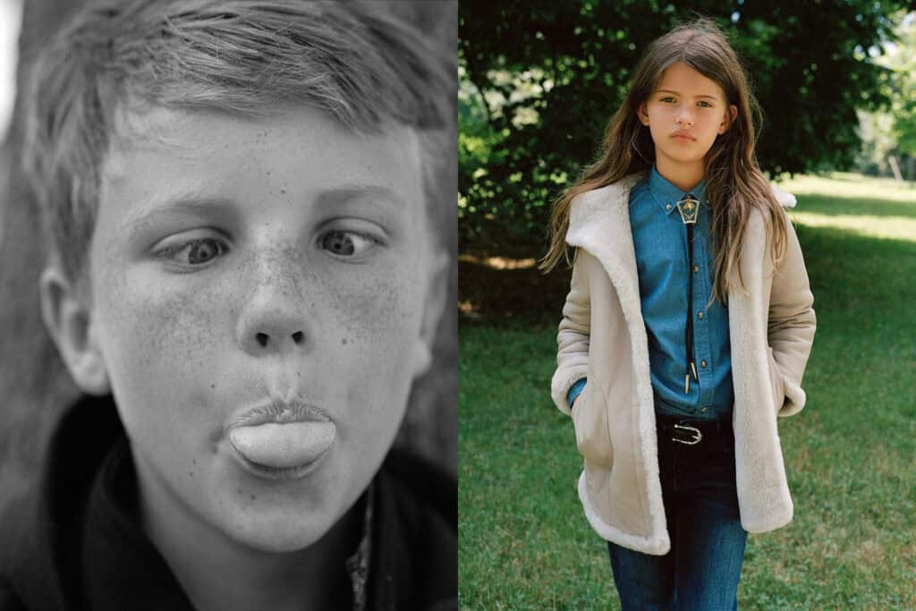 Young girl in stylish kids' fashion outdoors, playful and confident.