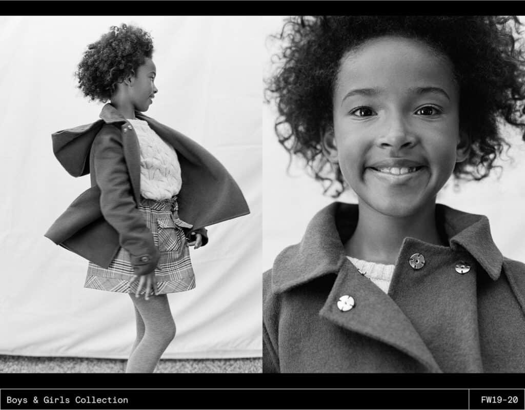 Young girl modeling stylish Massimo Dutti kids clothing, smiling outdoors.