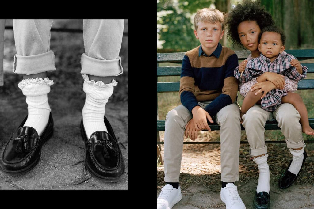Kids fashion photo featuring stylish shoes and trendy outfits for children.