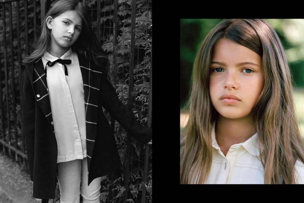 Elegant girl in Massimo Dutti kids clothing, outdoor setting, stylish and modern fashion.