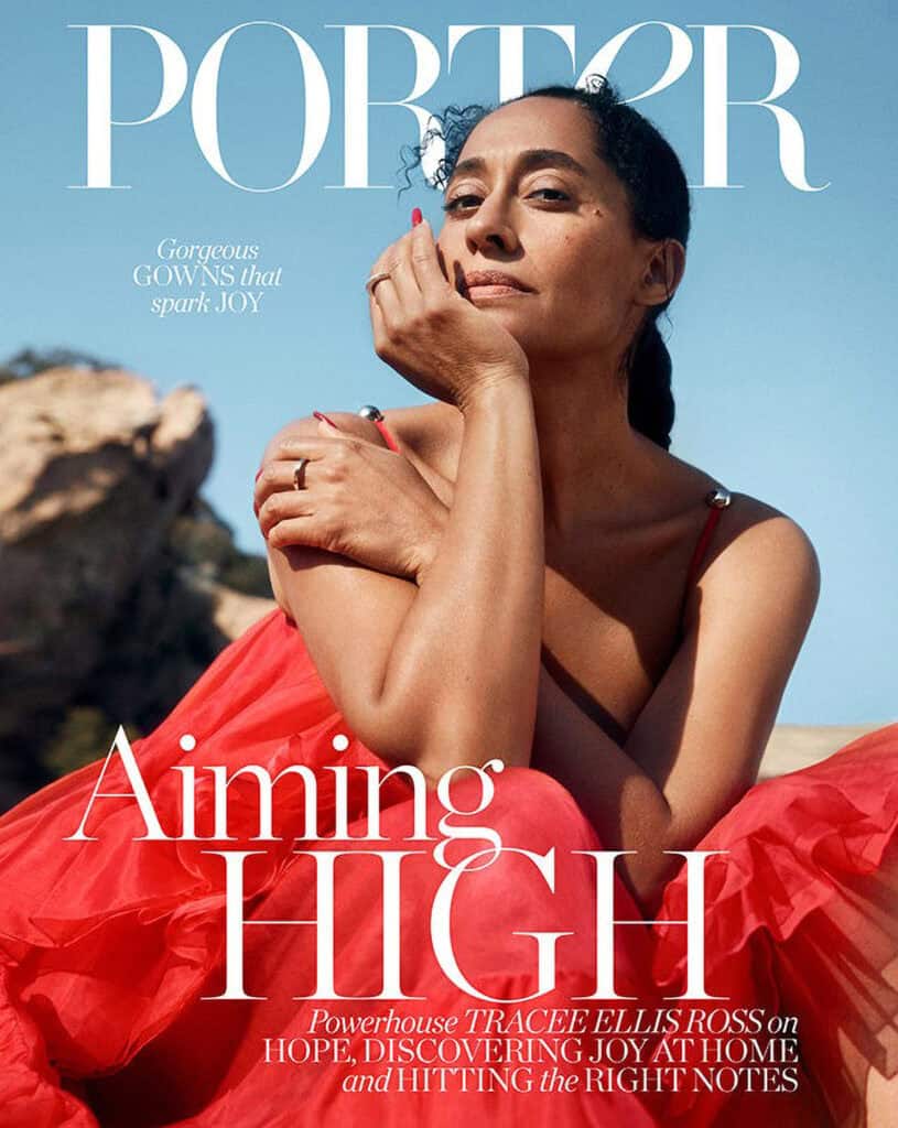 Tracie Ellis Ross posing outdoors for Porter Magazine cover.