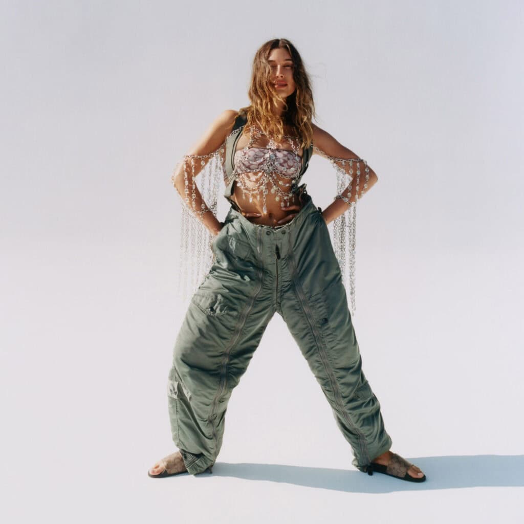 Hailey Bieber in stylish streetwear for Perfect Magazine photoshoot by Block Productions.
