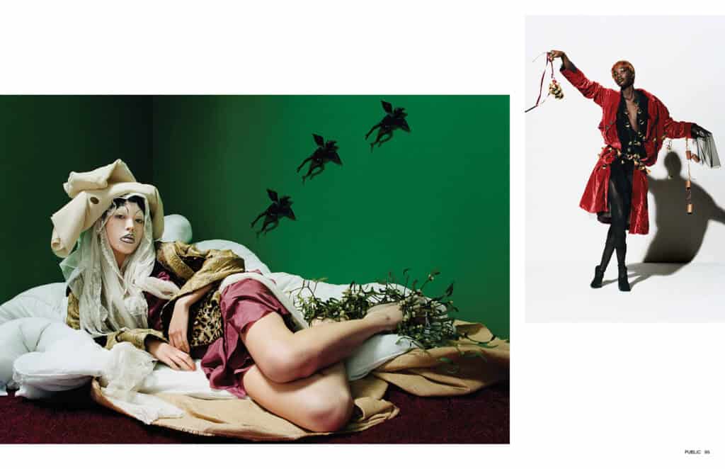 Elegant model in avant-garde costume with surreal accessories.