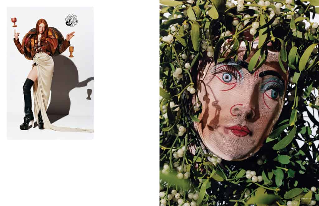 Artistic fashion photo featuring a model with bold makeup and stylish outfit.