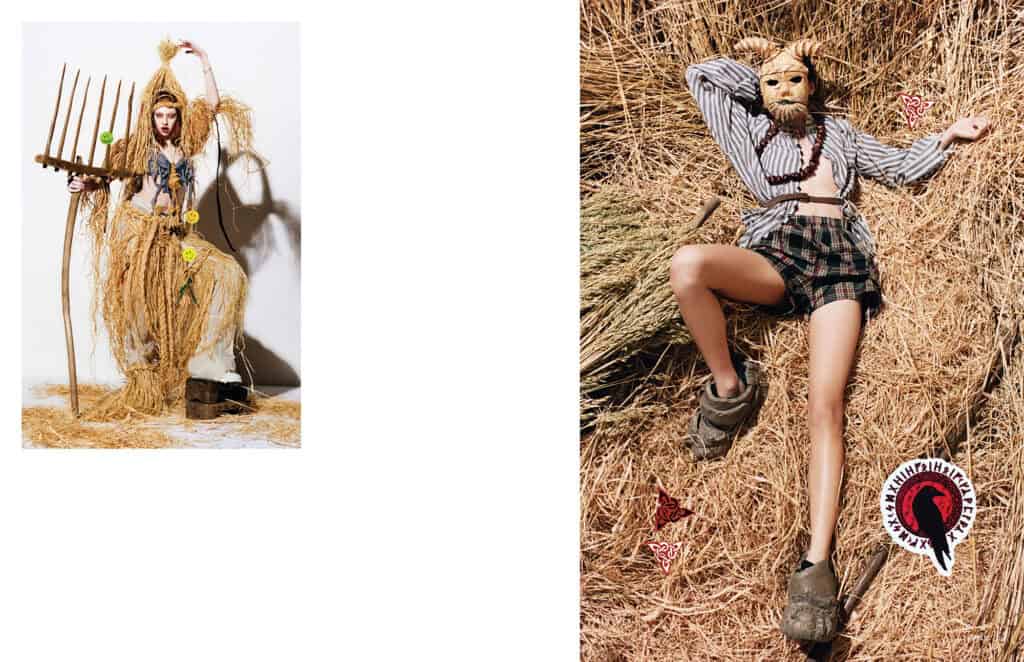 Ancient spirit costume featuring a straw outfit and a wooden rake, showcased at Public Editions | Gr.