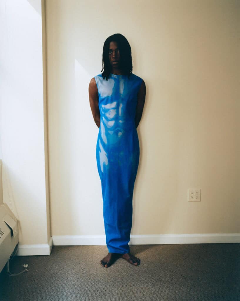 Modern blue dress by Thom Brown, styled for SSAW collection, 2022.