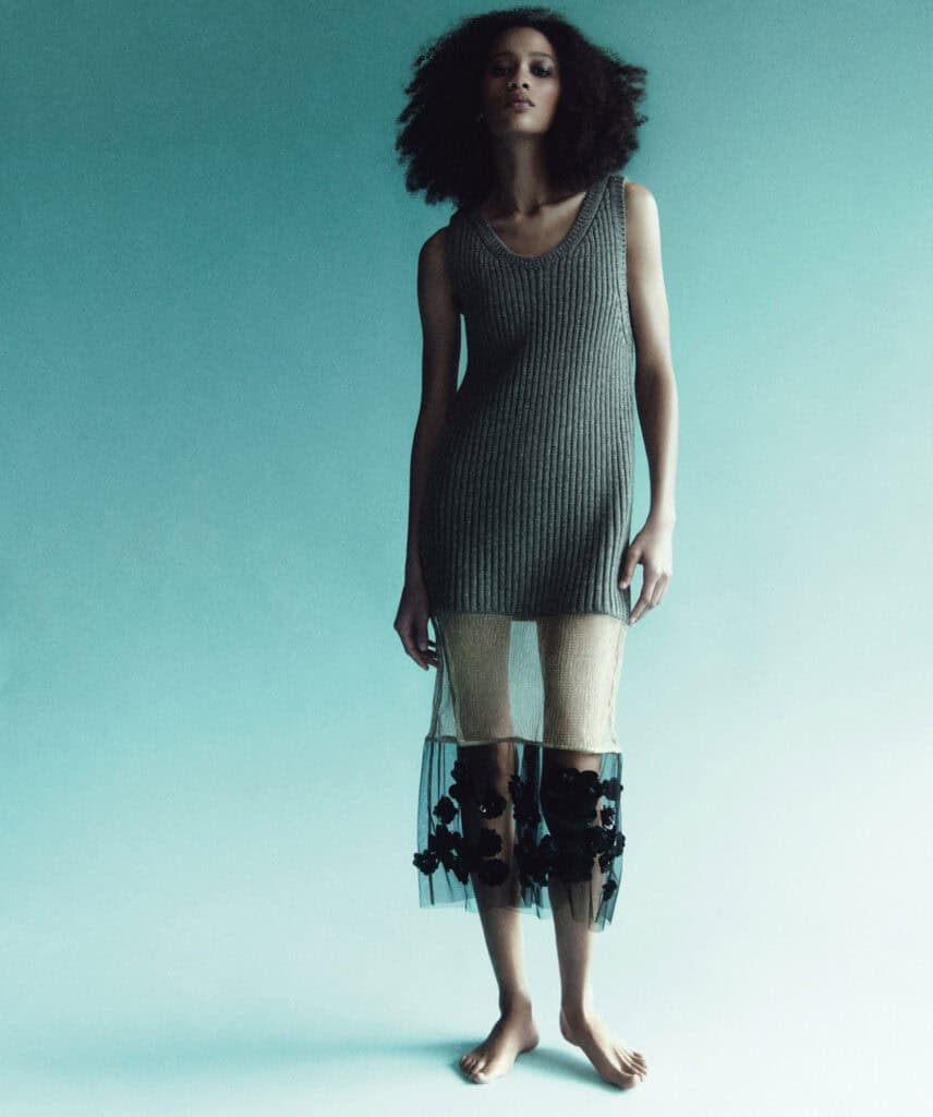 Model wearing a sleeveless gray knit dress with sheer embroidered pants, artistic fashion styling.