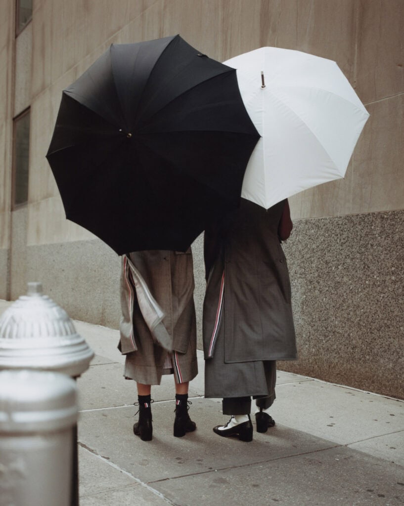 Urban fashion with umbrellas in NYC.