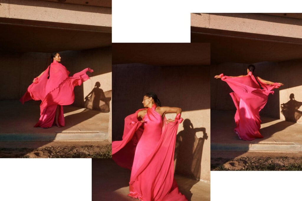 Tracee Ellis Ross in vibrant pink dress for Porter Magazine photoshoot.