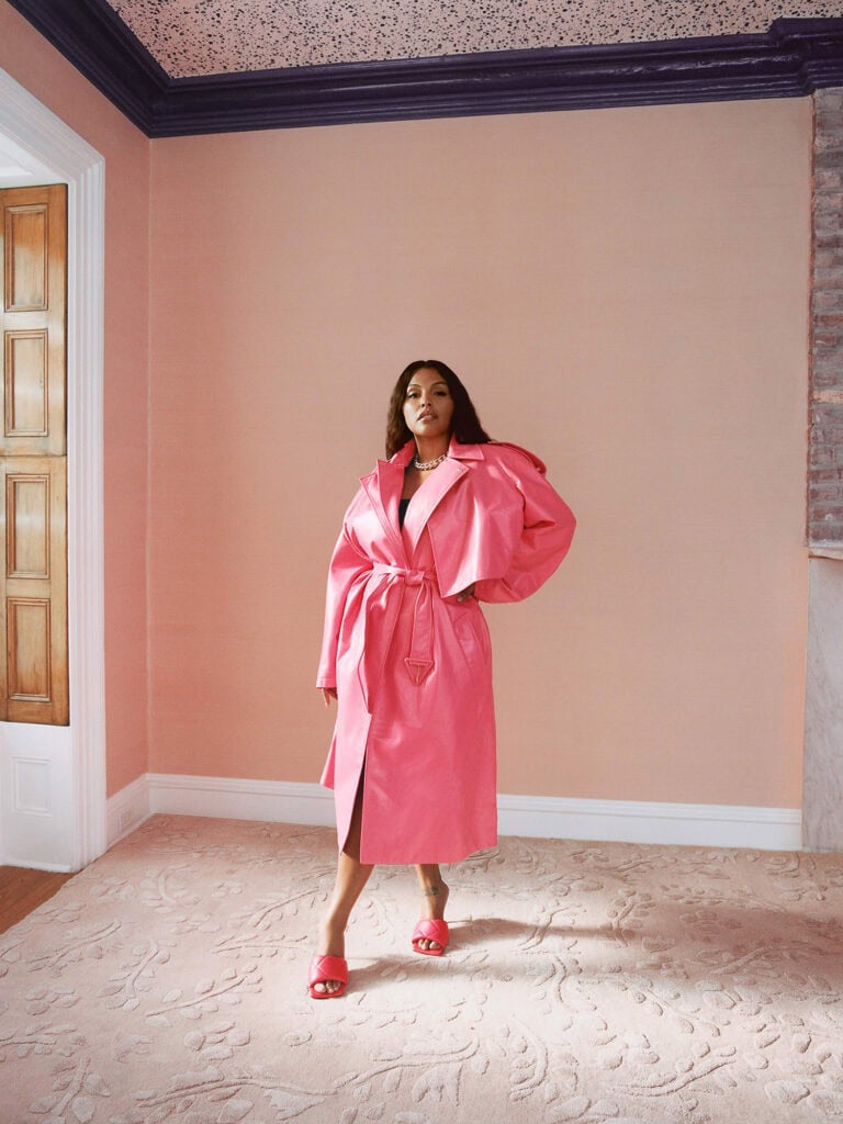 Elegant pink trench coat styled for Porter Magazine.