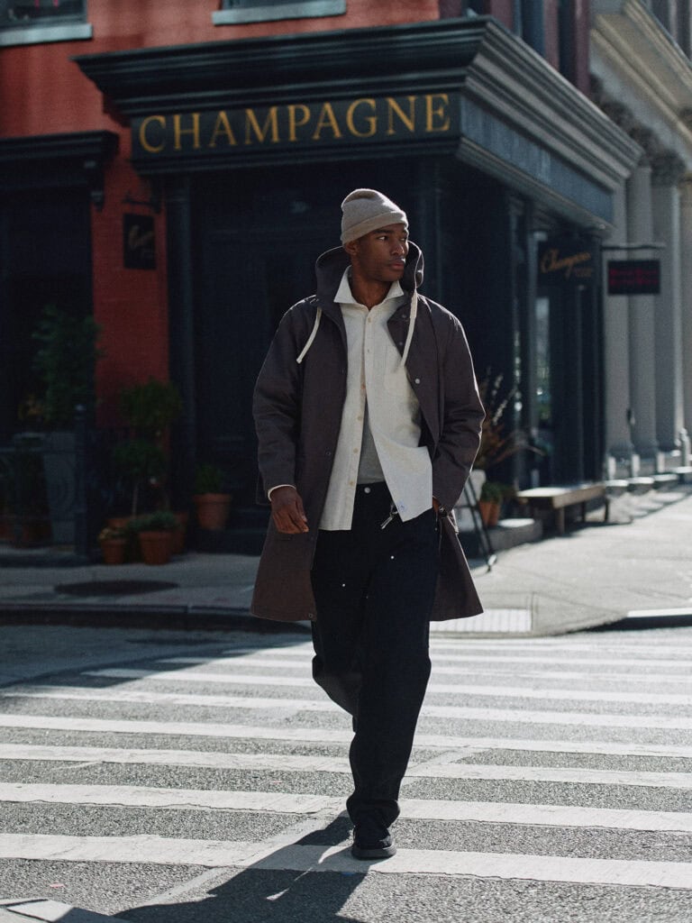 Men's fashion in NYC with layered winter outfits and casual accessories.