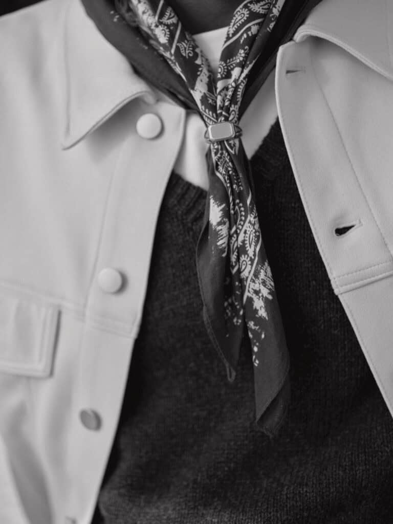 Close-up of men's fashion outfit with scarf, jacket, and layered clothing in NYC.