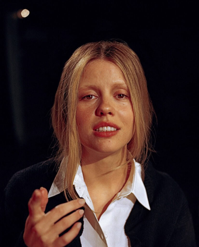 Mia Goth posing for Cultured Magazine, 2022, captured by Block Productions.