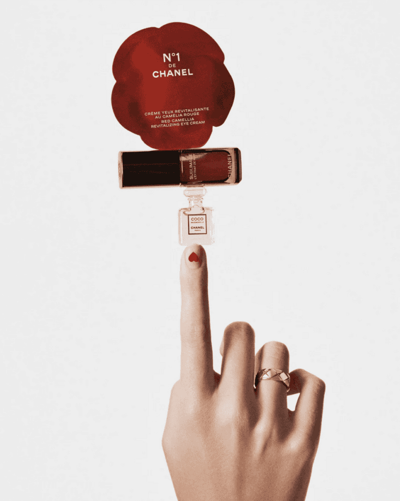 Chanel No. 1 de Chanel lipstick and makeup product showcased for Valentine's Day 2024.