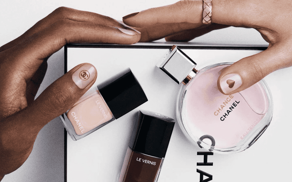 Elegant Chanel nail polish and perfume for Valentine's Day 2024.